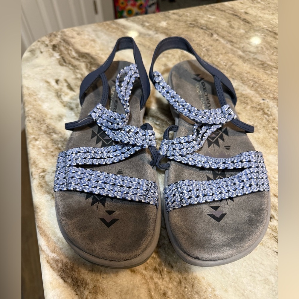 Skechers Reggae Slim Women’s Strappy Sandals Blue Stretchy Slingback Size 8
